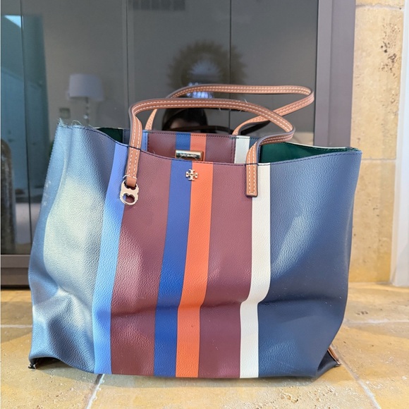 Tory Burch Handbags - Tory Burch Blue and Brown Striped Tote